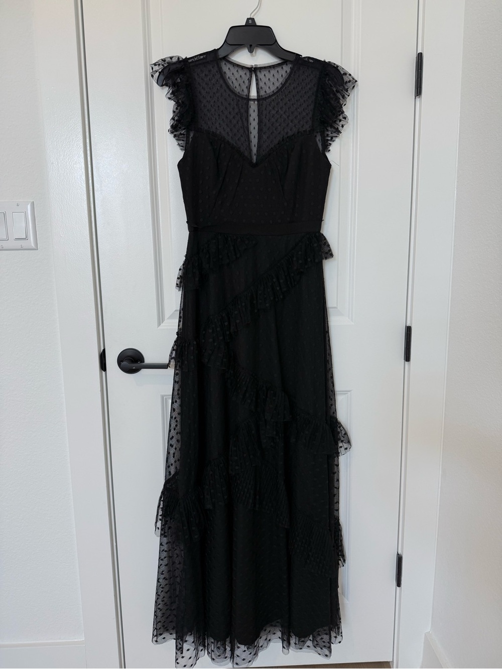 BCBG Evening Black Ruffled Mesh Maxi Dress